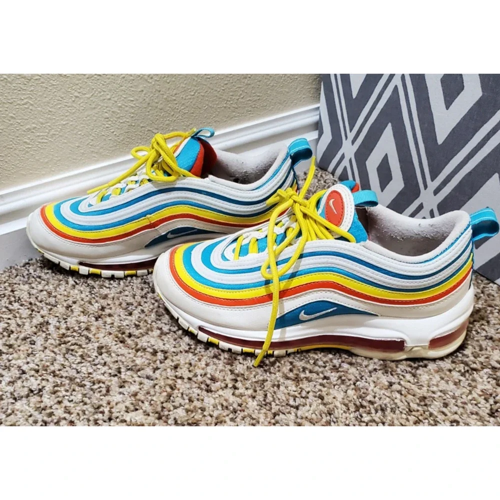 Nike Air Max 97 GS CK0052‑400 Youth 5Y Blue Yellow Red Sneakers